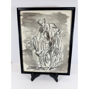 Vintage Ink Wash Drawing Framed 1964 Figure Study Artist Signed‎ M. W.
